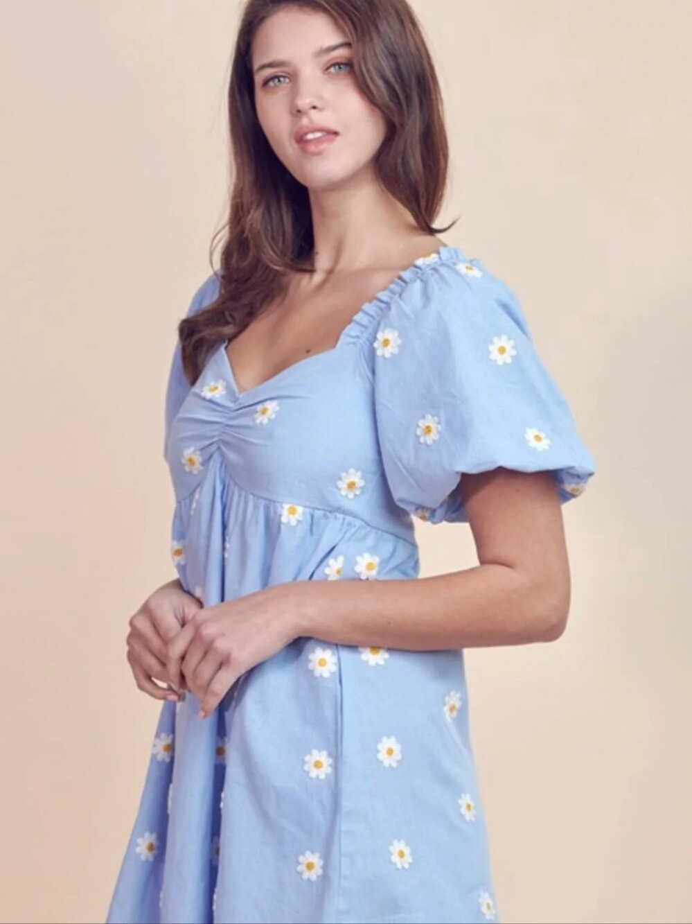 &merci daisy embroidery blue puff sleeve babydoll mini dress ditsy cottagecore L